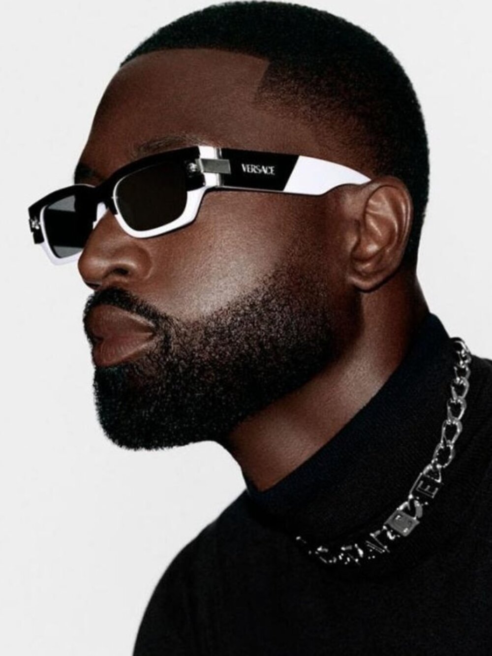 Versace VE4465 545987 Sunglasses Black / White Rectangle Frame, Grey Lenses